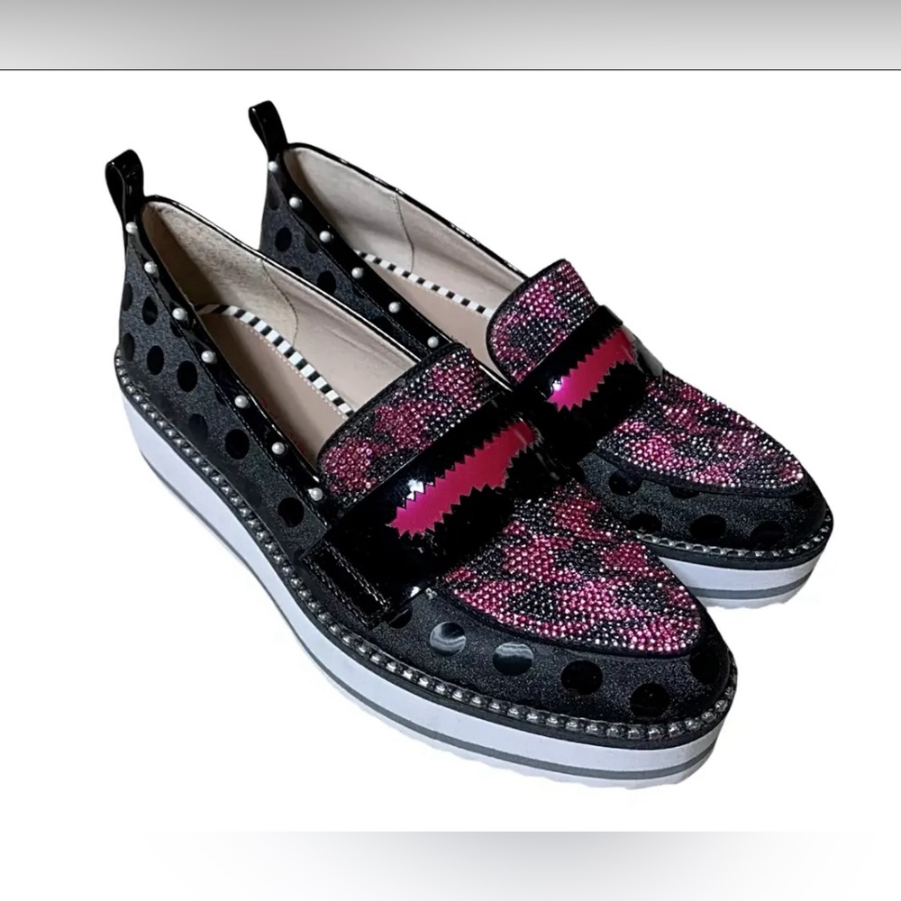 BETSEY JOHNSON MAXTON HOT PINK RHINESTONE PEARLS POLKA DOT LOAFERS - NWT 7.5
